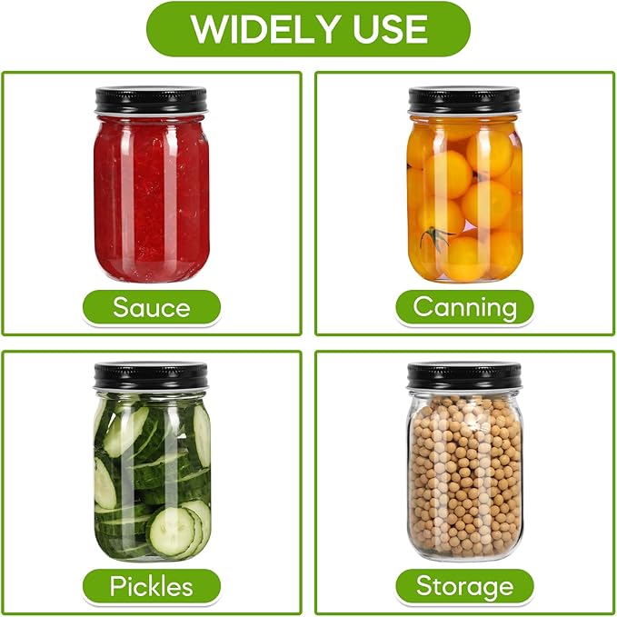Mason Jars 16 oz with Black Lids, 15 Pack Canning Jars, Clear Regular Mouth Glass Jars for Canning and Fermenting, Labels & Brusher Included - Microwave & Dishwasher Safe