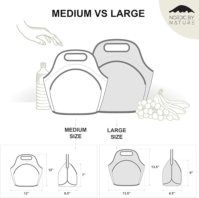 Nordic By Nature Large Neoprene Lunch Bag for Women & Lunch tote for Kids Insulated Lunch bag Reusable Washable Thick Neoprene & Soft Cotton Feel, Premium Stitching, Outside Pocket, (L) Grey/Black