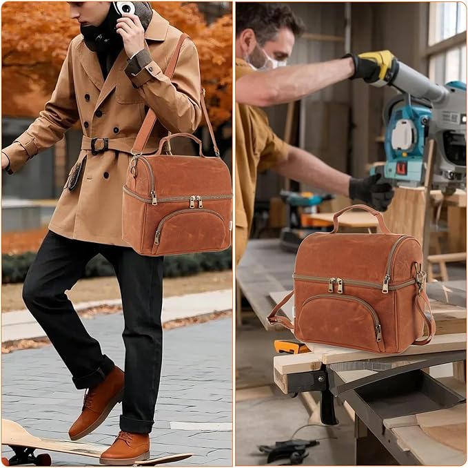 Lunch Box for men with 2 XL icepacks,Sturdy Waxed Canvas Insulated Lunch Bag for Adult, Dual Compartment Soft Cooler Bag For Work, Picnic, Travel, Outdoors (10.5L) 10"x7"x9.5" (Rustic brown)