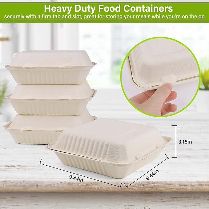 greensight Clamshell Take Out Food Container 100 Pack, 9X9 Compostable Food Container, Disposable To Go Boxes, Made From Eco-Friendly Biodegradable Sugarcane Fibers