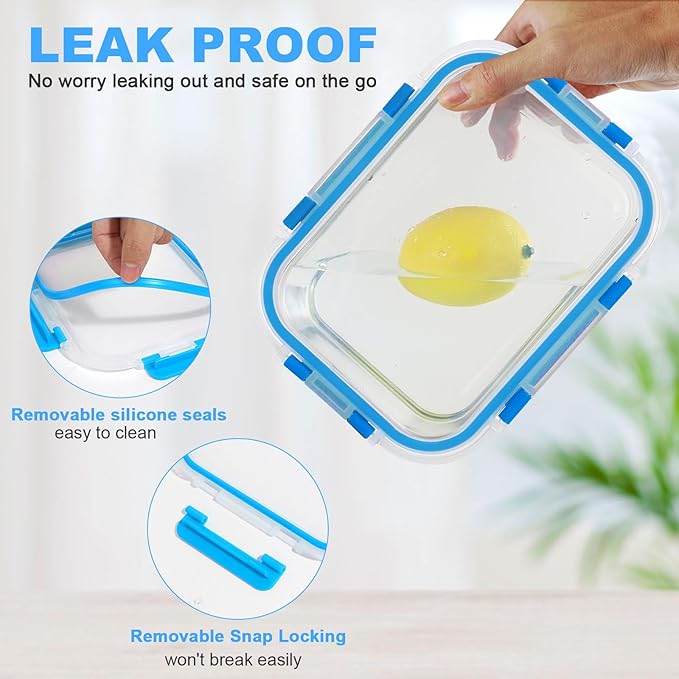 30 Pieces Glass Food Storage Containers Set, Glass Meal Prep Containers Set with Snap Locking Lids, Airtight Glass Lunch Containers, Microwave, Oven, Freezer & Dishwasher, Blue