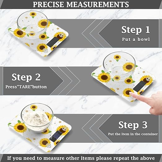 Food Scale Kitchen Digital Scale Food Ounces and Grams Dieting Baking Cooking Waterproof Glass Panels LCD Display,4 Units Scale Tare Function Sunflower