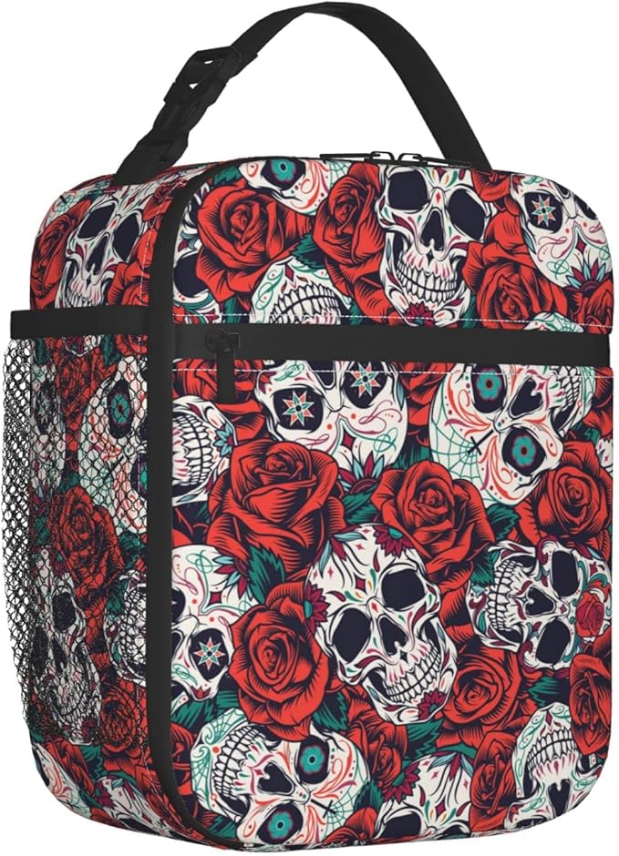 YETTA YANG Sugar Skull Rose Flower Portable Lunch Bag Insulated Lunch Box Reusable Totes For Women Men Work Picnic Camping