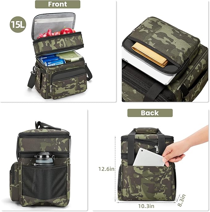 Insulated Lunch Bag & Lunch Box for Men - Double Deck Reusable Lunch Bag for Women Tote Cooler Bag Leakproof Soft Expandable - Large Lunchbox for Work/Adult/Picnic/Outdoor (Camo,15L)