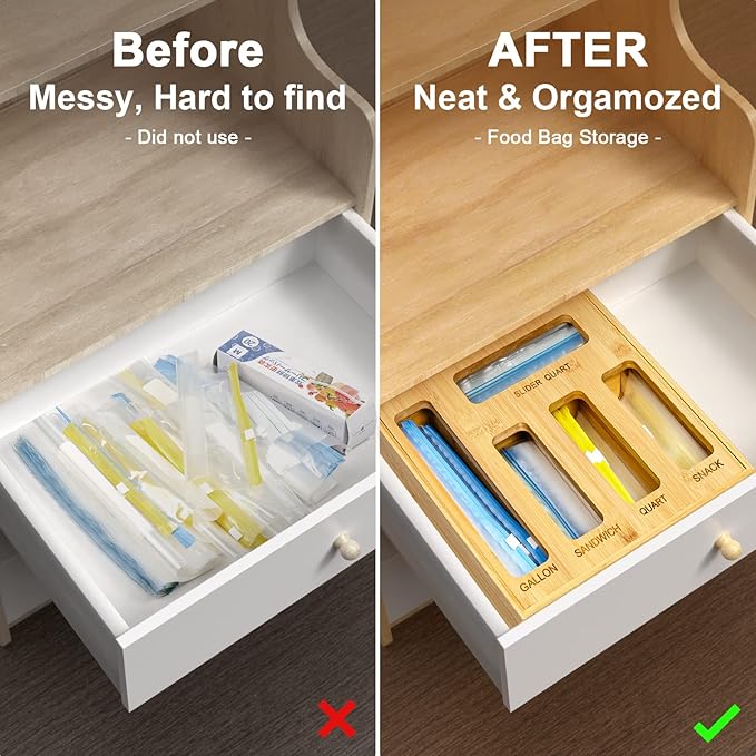 Plastic Bag Organizer for Drawer, Bamboo Food Storage Bags Container Organizer with Slider, Baggie Bags Storage for Drawer Compatible with Gallon, Sandwich Variety Size Bags