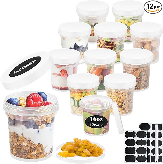 16oz 12Pack Reusable Freezer Food Storage Containers with Airtight Twist Top Lid. Overnight Oats Containers with Lids BPA-Free. Plastic Soup Deli Container with Lids Microwave/Dishwasher/Freezer Safe