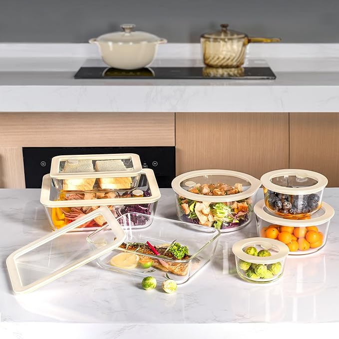 Urban Green Glass Food Container Set with Silicone Glass Lid, Large Size 3 Pack, Meal Prep Food Storage Containers with Airtight Lids, Leakproof, 100% Plastic Free, White color