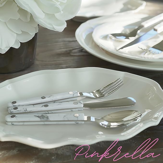 6-Piece Stainless Steel Flatware Silverware Cutlery Set - Color Handle with Rivet/Retro Style - Includes Dinner Knife; Dinner Fork; Salad Fork; Soup Spoon; Teaspoon; Spreader (MARBLE)