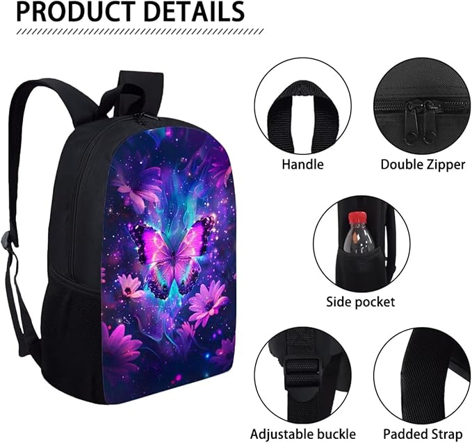 Dolyues Purple Flower Butterfly 3-Piece Kids Backpack Set: Casual Daypack with Lunch Bag and Pencil Case - 17” School Bag for Boys & Girls - Perfect for Preschool and Cool Adventures