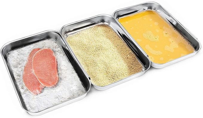 HULISEN Set of 3 Breading Pans, Stainless Steel Breading Set for Marinating Meat, Chicken, Fish, Food Prep Trays, Coating Trays Can Be Used to Baking Cake, Oven Safe