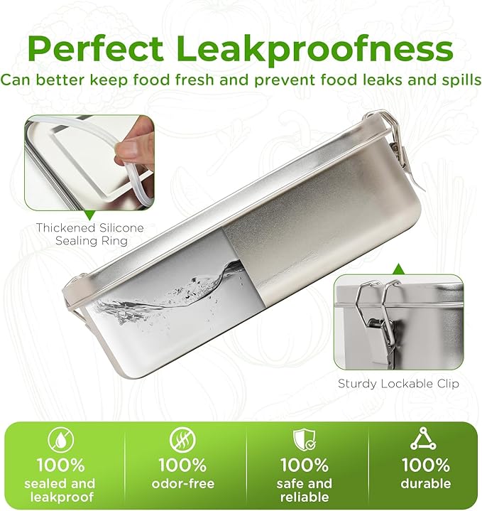 LEEPENK 304 Stainless Steel Lunch Box and Food Containers with Lids 2 Pack 1400/850ml Leak-Proof Adjustable Compartment Metal Bento Box for Travel Work Picnic Adults