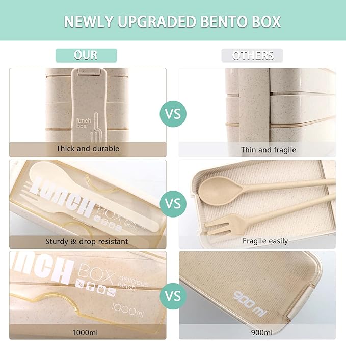 Bento Box Japanese Lunch Box Kit Leakproof Bento Lunch Box for Kids Adults Wheat Straw 3 Layer Stackable Lunch Containers with Compartment Eco-Friendly Meal Prep Containers (Beige)