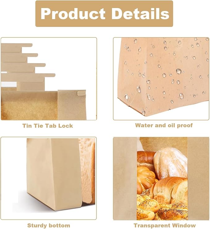 100 Pack Bread Bags for Homemade Bread Sourdough Bread Bags with Tin Strip Large Bakery Bags with Window Paper Bread bags