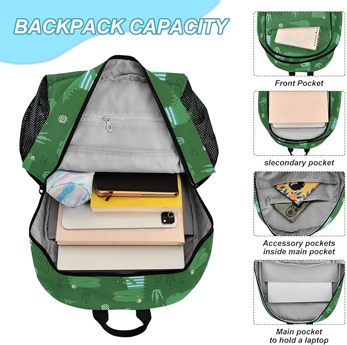 Emelivor Green Crocodiles Leave Kids Backpack for Girls Boys School Bookbag with Insulated Lunch Box for Hight Middle School Teen Girls Backpacks