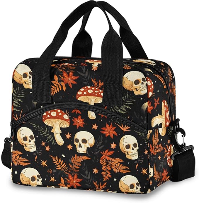 MNSRUU Insulated Lunch Bag Mushrooms Skull Women Men Fabric Dinner Tote Cooler Bag Reusable Leakproof Lunch Box with Adjustable Shoulder Handles Strap For Work School