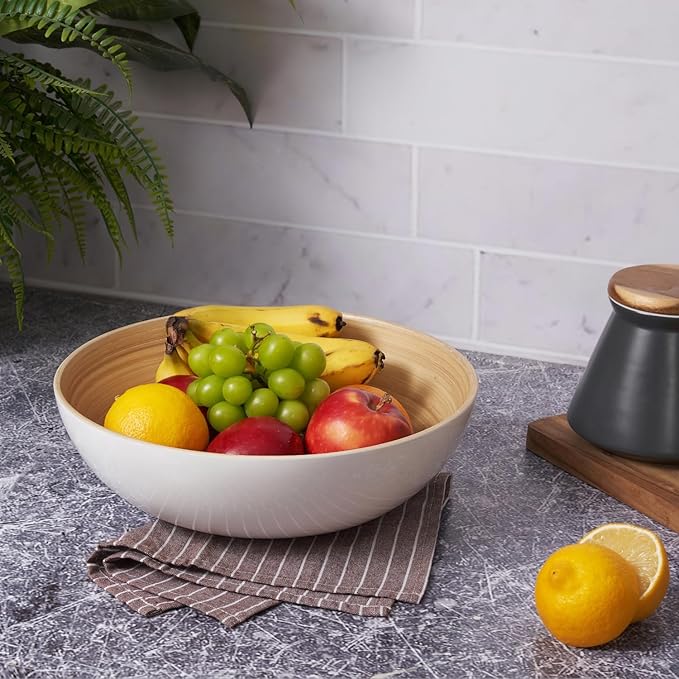 LEXA Bamboo Salad Bowl 12 Inch Extra Large Serving Bowl, Lightweight Popcorn Bowl or Chip Bowl for Party Snacks, Handcrafted Salad Bowls Large Serving (Ceramic White)
