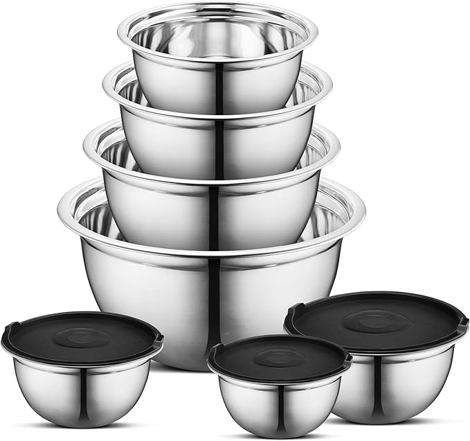 AVADOR Premium Stainless Steel Mixing Bowls, Set of 7 Brushed Stainless Steel Mixing Bowl Set, Easy To Clean, Space Saving, Great for Cooking, Baking, Prepping (7 pc mixing Bowl With Lids)