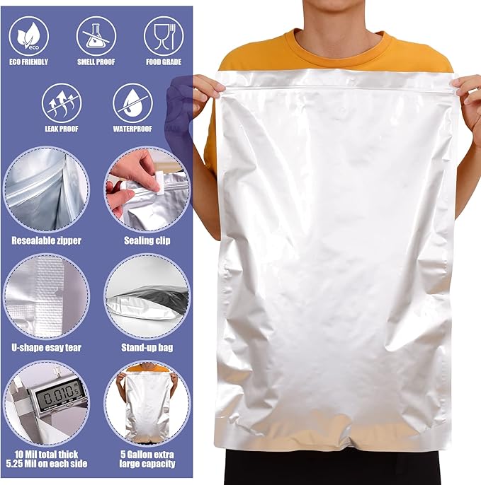 15 Pcs 5 Gallon Mylar Bags for Food Storage, 10.5 Mil Mylar Bags with Oxygen Absorbers 2000cc (15 Single Sealed), Stand-Up Zipper Resealable Bags & Heat Sealable Food Storage Bags + Labels