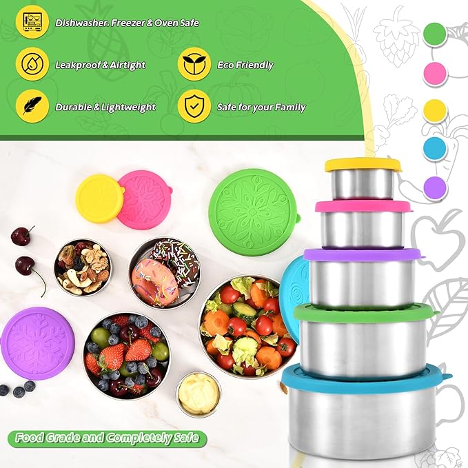 UPTRUST Stainless Steel Containers with Lids, 5-Pack Stackable Snack Containers, Nesting Snack and Dip Containers (5-Pack: 3oz, 6oz, 13oz, 21oz, 32oz)