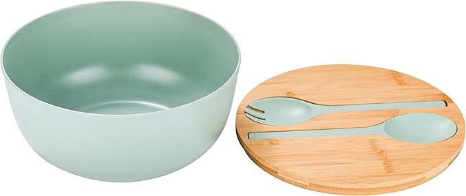 GEHE Bamboo Fiber Salad Bowl with Servers Set - Large 9.8 inches mixing bowls Solid Bamboo Salad Wooden Bowl with Bamboo Lid Spoon for Fruits,Salads and Decoration (Blue -green, 9.8INCH)
