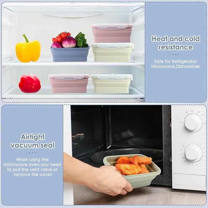 Mifoci 6 Pcs Silicone Food Containers 18.6 oz Collapsible Storage Containers with Airtight Lids Stacking Meal Prep Lunch Leftover Food Fruits Storage Foldable Box for Freezer Microwave Dishwasher Safe
