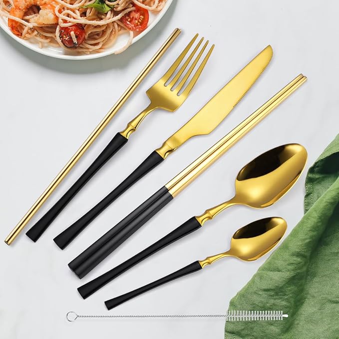 AARAINBOW 7 Pieces Stainless Steel Flatware Set Portable Reusable Cutlery Set Travel Utensils Set Including Chopsticks Knife Fork Spoon Straws Cleaning Brush Dishwasher Safe (B-Black Golden)