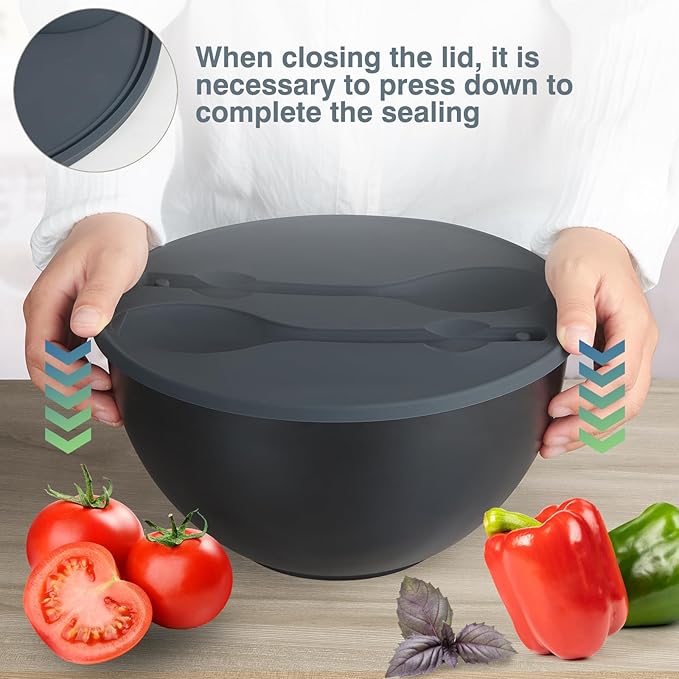 10" Large Salad Bowl with Sealing Lid & Serving Utensils,135Oz, Black Big Bamboo Fiber Salad Serving Bowl with Servers for Mixing/Serving (Silicone Dark Grey Lid)
