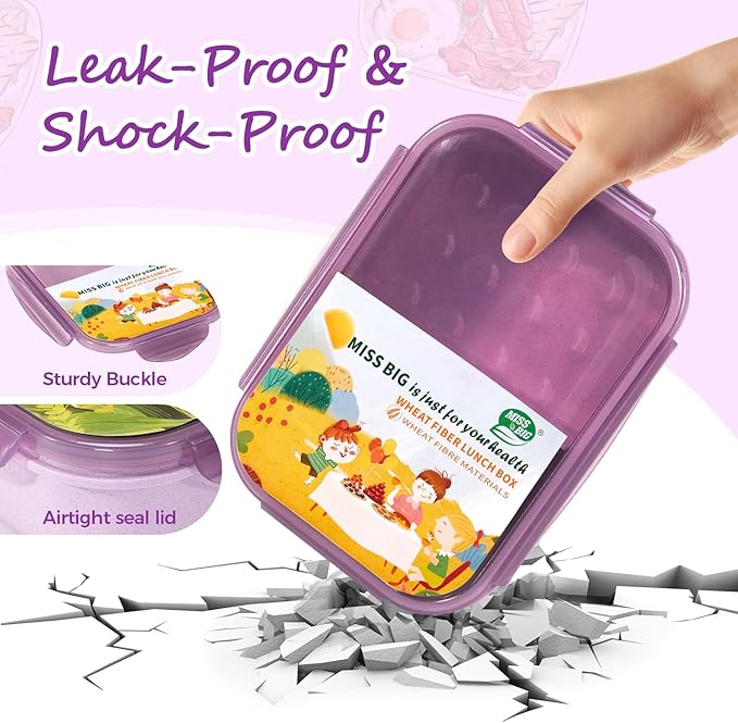 MISS BIG Lunch Box Kids,Ideal Leak Proof Lunch Containers, Mom’s Choice No BPAs and No Chemical Dyes Bento Box for Kids,Microwave and Dishwasher Safe Lunch Box (Purple M)
