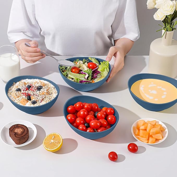 Wheat Straw Bowl 26 OZ - Unbreakable Serving Bowl Set of 4, Microwavable Bowls Set, Reusable Plastic Bowls for Cereal,Salad,Oatmeal,Soup, Kitchen Bowl (Blue)