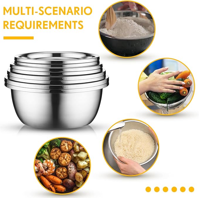 Uiifan 8 Pcs Stainless Steel Mixing Bowl with Stainless Steel Colander Rice Washing Colander Bowl Set Nesting Bowls for Washing Draining Storage(1.8/3.9/4.9/6.6 QT)