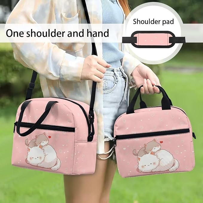 Showudesigns Cute Cat Lunch Bag for Girls 6-8 8-10 Pink Lunch Box Portable Insulated Lunch Bags Thermal Meal Tote Kit with Zipper Pockets Kids Tote Bags Back To School Crossbody