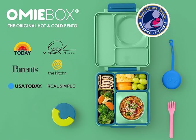 Omie OmieBox Bento Box for Kids - Insulated Lunch Box with Leak Proof Thermos Food Jar - 3 Compartments, 2 Temperature Zones - (Meadow) (Single)