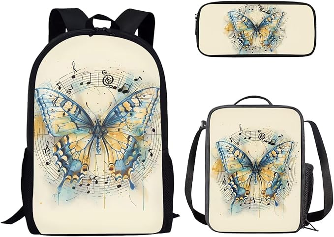 Dolyues Vintage Butterfly 3-Piece Girls Backpack Set - Cute 17-Inch School Backpack with Lunch Box & Zipper Pencil Case or Students & Outdoor Adventures