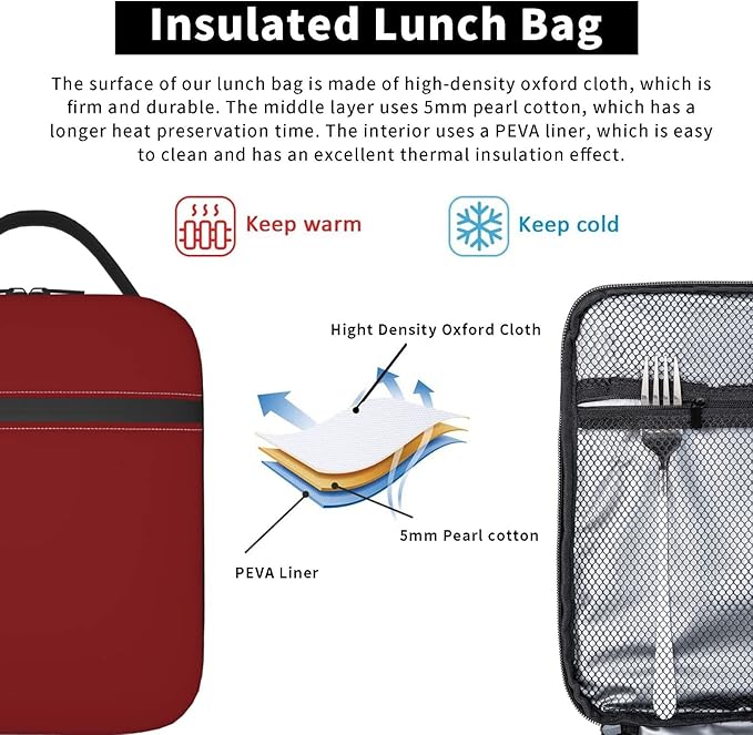 Red Lunch Bag for Women Washable Thremal Picnic Meal Box for Office Beach Travel Hiking Camping Insulated Cooler Reusable Portable