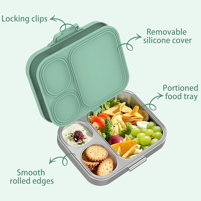 Kids Stainless Steel Lunch Box, Leak-Proof with free sealing Bento Box 3 Compartments Green Boy