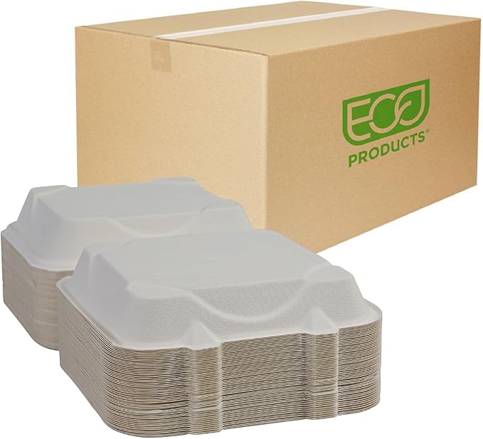 ECO PRODUCTS Compostable Vanguard 9" Clamshell To Go Containers, Case of 200, Square Take Out Food Box, White Renewable Molded Fiber, Grease Resistant, No-Added PFAS, ASTM Compliant, BPI-Certified