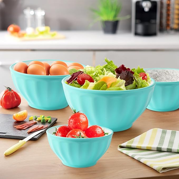 Plastic Mixing Bowls,Serving Bowls with Lids Set for Kitchen Mixing,Storage Food, 4 Bowls 4 Lid 1Egg Whisk,Fruit Containers,Refrigerator, Dishwasher, Microwave safe,Blue
