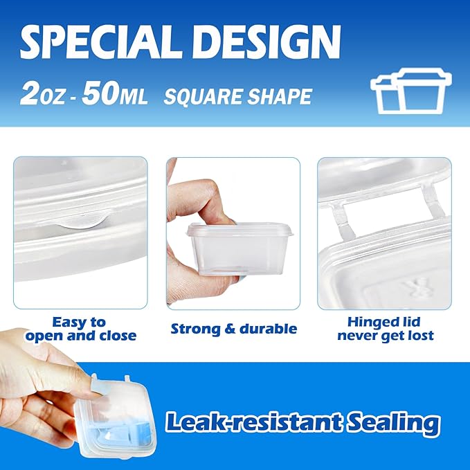 2 oz Plastic Containers with Lids (200pack), Disposable Condiment Containers with Lids, Portion Cups for Sauce, Jello Shot, Souffle (Square)