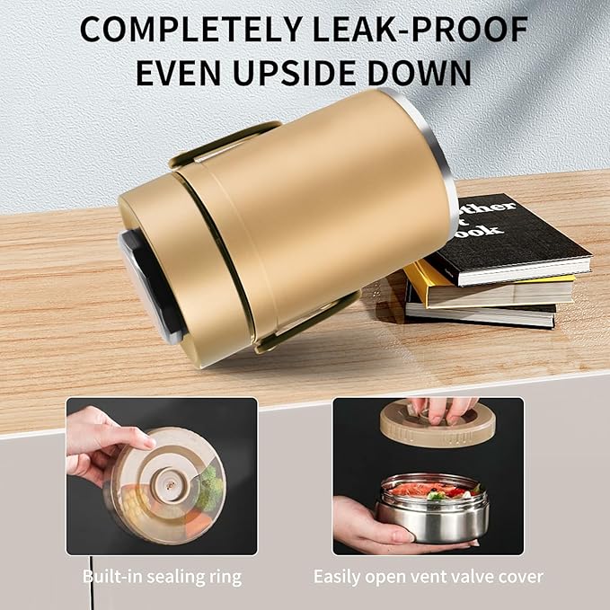 67oz Thermos for Hot Food, 3 Layered Stackable Insulated Lunch Box, Soup Thermos Jar Comes with an insulated bag, suitable for office lunches and outdoor dining, among other uses (Gold)