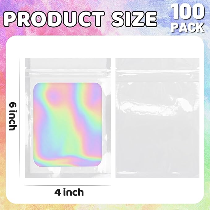 100 Pcs Holographic Bags White Packaging Bags Mylar Bags with Clear Window for Food Storage Resealable Bags Small Business (4×6Inch)