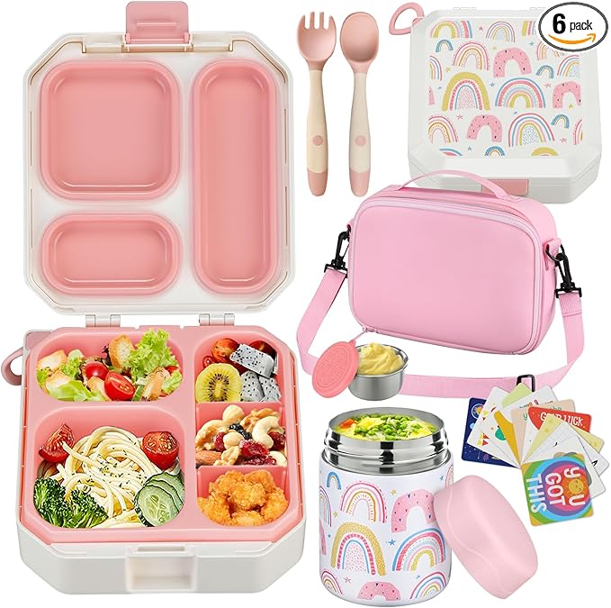 Bento Lunch Box for Kids with 12oz Soup Thermo Leak-Proof Lunch Food Container with 5 Compartment Thermo Hot Food Jar and Insulated Lunch Bag for Kid Toddler Girls Boys to School