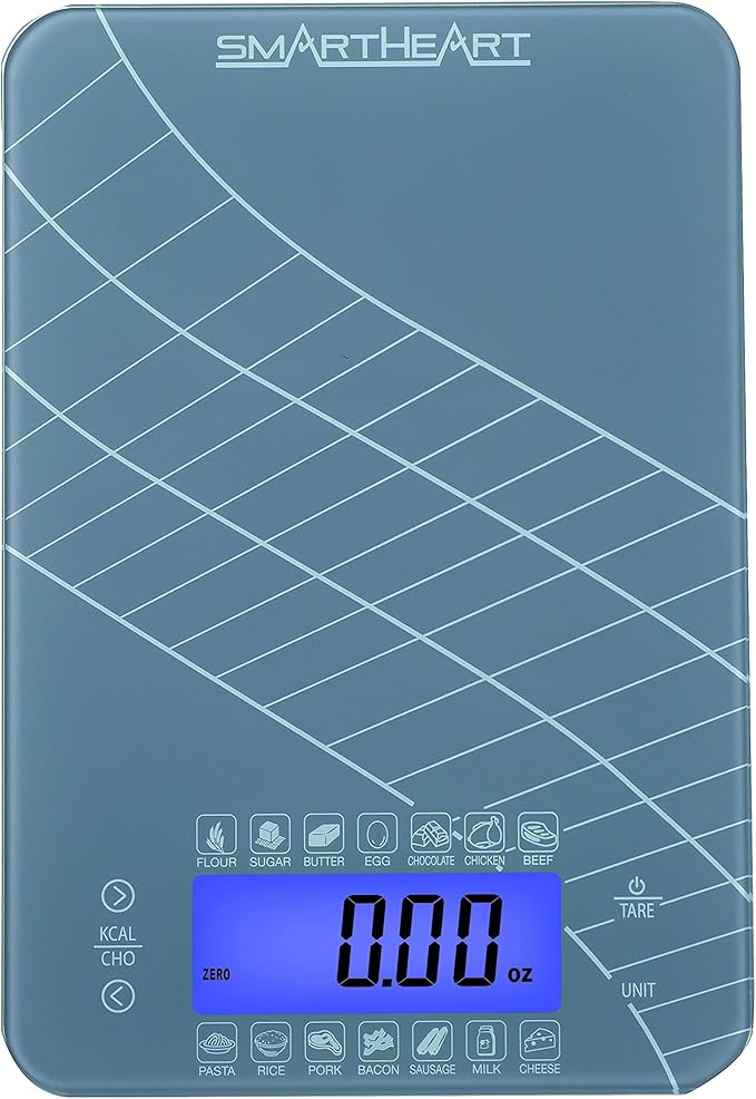 SmartHeart Digital Kitchen Food Scale with Calorie & Carb Calculator Tempered Glass | Precision Measurements | Unit conversions: oz, lbs, g, ml | 14 pre-Set Foods