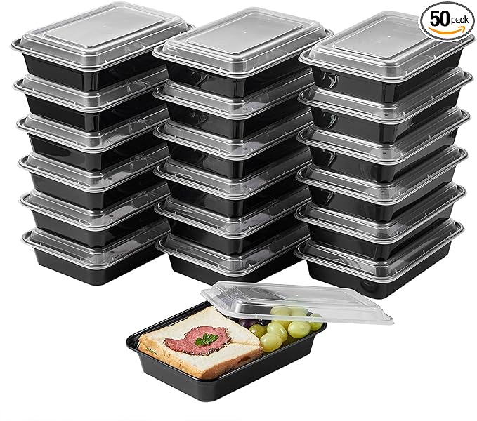 50 Pack Meal Prep Plastic Food Storage Containers With Lids 28 oz 1 Compartment Black Rectangular To Go Lunch Prepping Boxes BPA-Free Microwavable Freezer Safe Stackable (Formerly FULING)