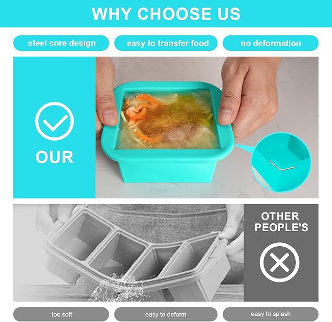 Silicone Freezer Tray with Lid 2 Pack Silicone Freezer Molds Ice Cube Tray Makes 2 Perfect 2 Cup Portions Soup Cubes Meal Prep Containers - Oven & Dishwasher Safe
