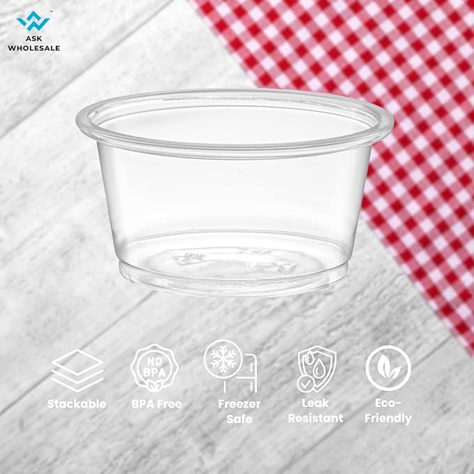 ASK WHOLESALE 2 oz Clear Disposable Plastic Portion Cups with Lids | Pack of 1000 Cups & 1000 Lids | Crystal Clear Design for Easy Identification - Convenient for Parties, Events, & On-the-Go Snacking