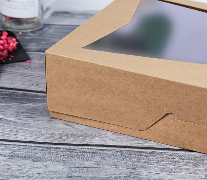 8-PACK Brown Pastry Bakery Box 16x11x2.75inch,Large Donuts,Muffins,Cookies Boxes with Window Auto-Pop up Paper Box Nature Cardboard Take Out Container,Hold 12 Donuts,Pack of 8