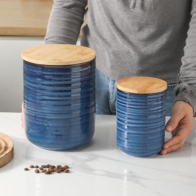 Hasense Ceramic Food Storage Jars with Bamboo Lids – 80oz + 24oz Kitchen Canister Set – 7.5" & 5.9" Airtight Containers for Coffee, Tea, Sugar, Flour – Pantry Organization Jar Set of 2(Blue)