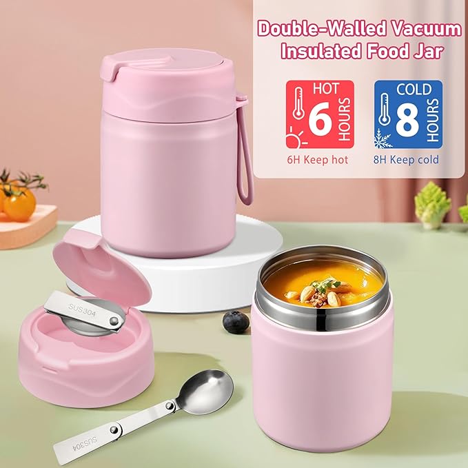 Bento Lunch Box for Kids with 17oz Soup Thermo,Insulated Tumbler Water Bottle and Insulated Lunch Bag,Leak-Proof 3 Compartment Lunch Food Container with with Ice Pack for Kids to School-Pink