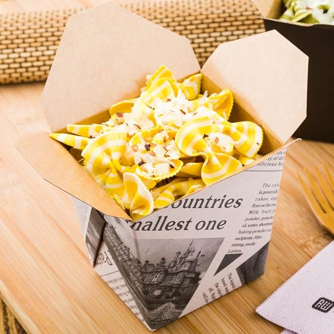 Restaurantware Bio Tek 4 x 3.5 x 4 Inch Food Containers 200 Durable Noodle Boxes - Disposable Sustainable Newsprint Paper 26-Ounce Takeout Boxes Square For Takeouts And Delivery Or Picnics