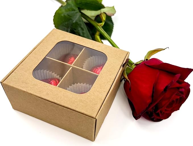 GRETEL BAKING Treat boxes with window and dividers | 4 X-SMALL compartments | 3.5 x 3.5 x 1.57 in | Empty candy boxes for gift giving, truffle box - perfect for Valentine's Day | 20-pack (Kraft)